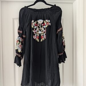 Black Embroidered Off-Shoulder Boho Dress
